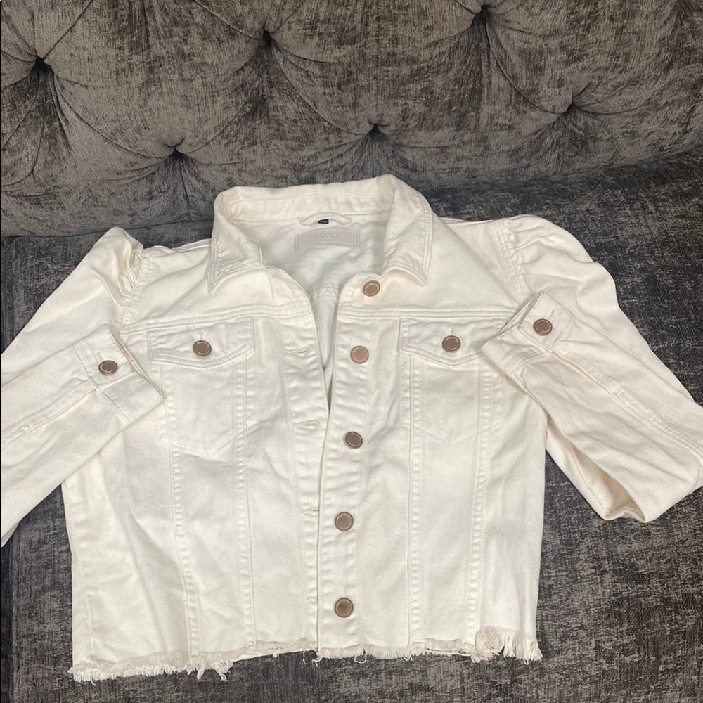 Blank NYC Cream Fringe Bottom Denim Jacket